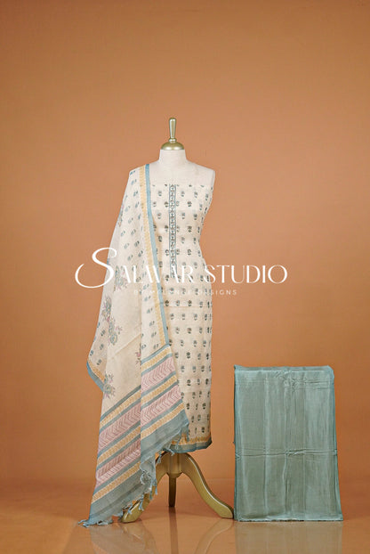 Semi Linen Embroidery Unstitched Salwar Suit Material Cream with Dusty Sea Green AC0390