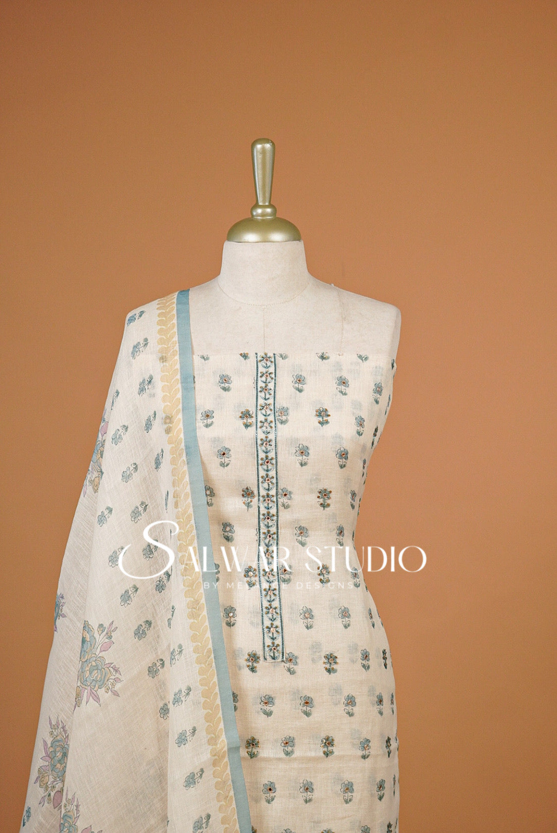 Semi Linen Embroidery Unstitched Salwar Suit Material Cream with Dusty Sea Green AC0390