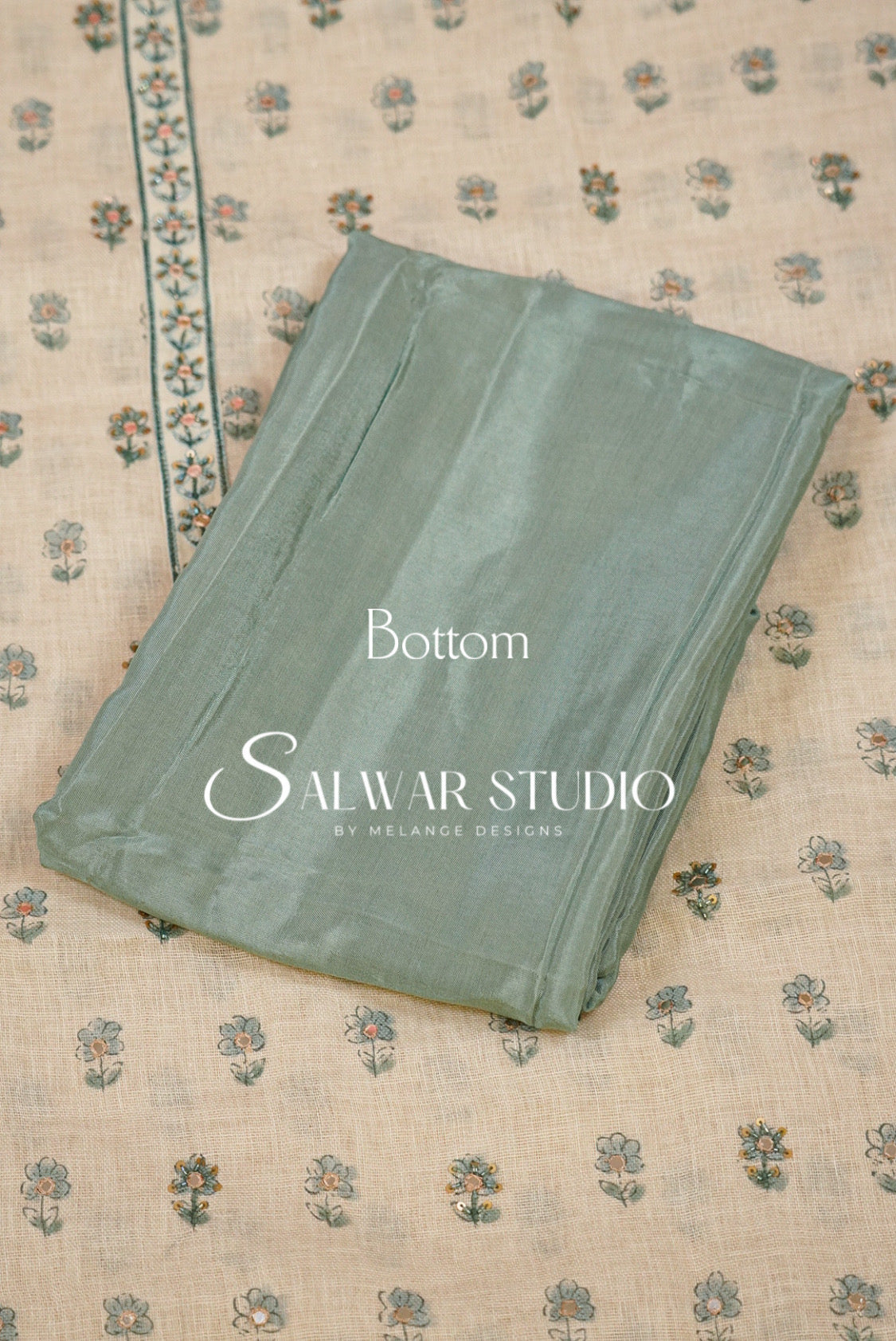 Semi Linen Embroidery Unstitched Salwar Suit Material Cream with Dusty Sea Green AC0390