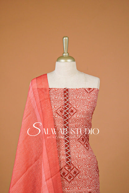 Semi Linen Embroidery Unstitched Salwar Suit Material Coral Red