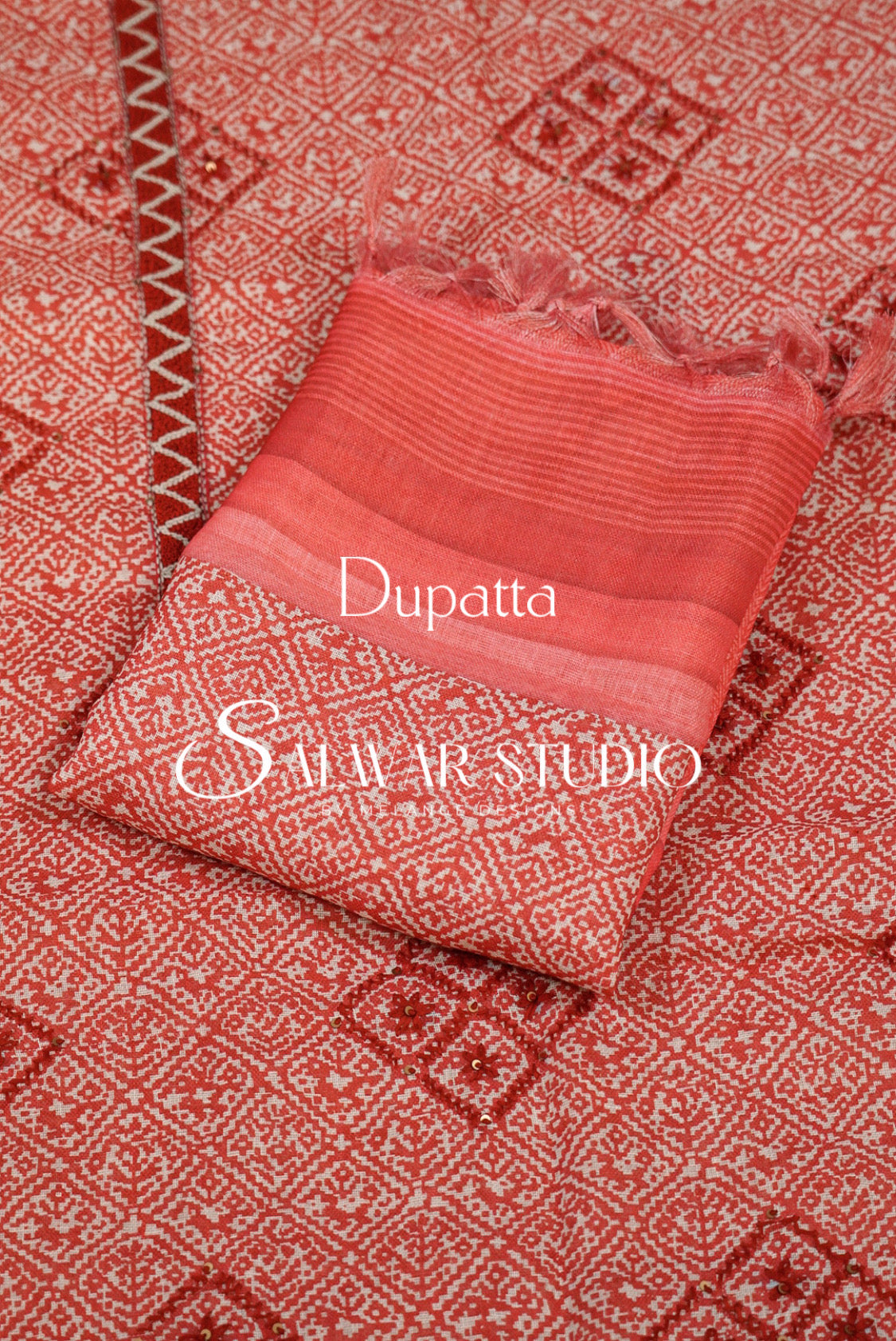 Semi Linen Embroidery Unstitched Salwar Suit Material Coral Red