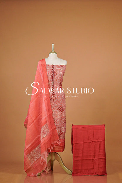 Semi Linen Embroidery Unstitched Salwar Suit Material Coral Red
