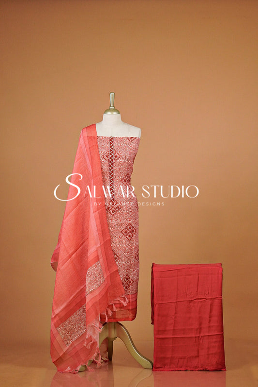 Semi Linen Embroidery Unstitched Salwar Suit Material Coral Red