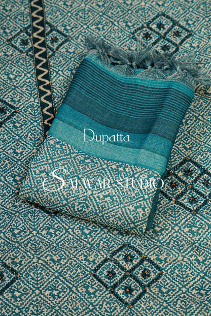 Semi Linen Embroidery Unstitched Salwar Suit Material Peacock Teal