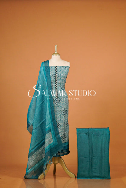 Semi Linen Embroidery Unstitched Salwar Suit Material Peacock Teal