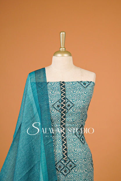 Semi Linen Embroidery Unstitched Salwar Suit Material Peacock Teal