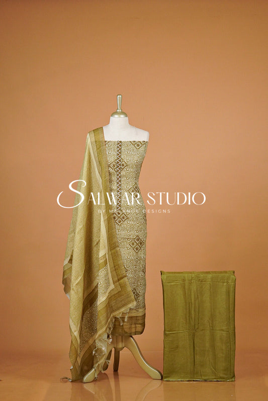 Semi Linen Embroidery Unstitched Salwar Suit Material Mustard Olive