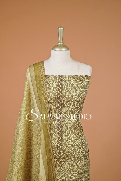 Semi Linen Embroidery Unstitched Salwar Suit Material Mustard Olive