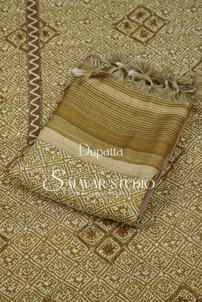 Semi Linen Embroidery Unstitched Salwar Suit Material Mustard Olive