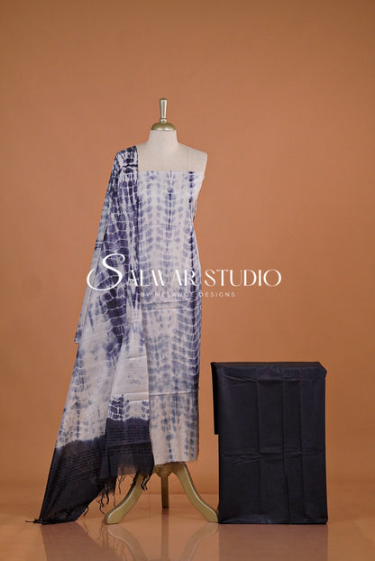 Semi Munga Unstitched Salwar Suit Dress Material Navy Blue With White AC0175