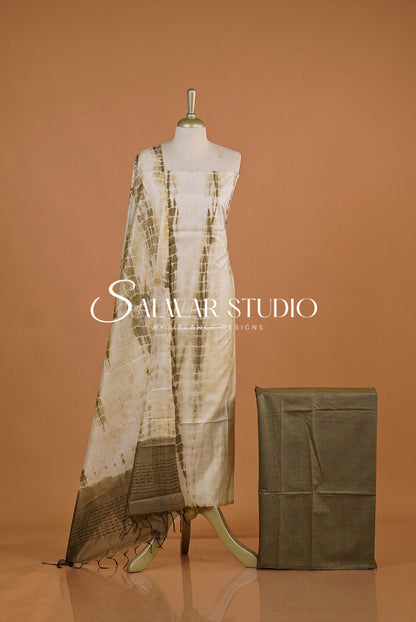Semi Munga Unstitched Salwar Suit Dress Material Olive Green With Ivory AC0178