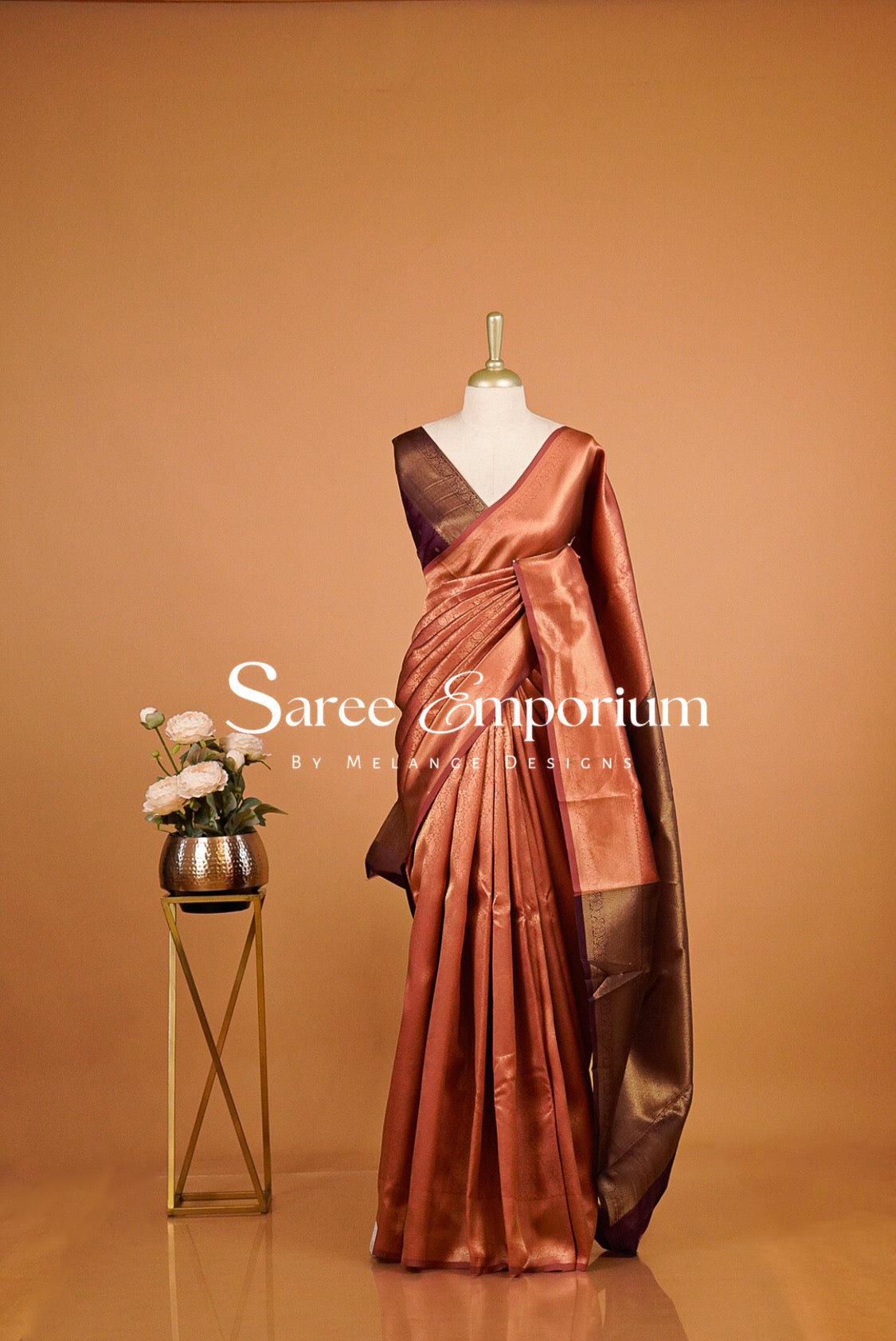 Semi Silk Brocade Saree For Women Copper Peach 