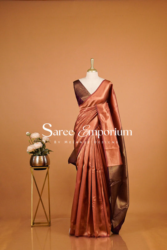 Semi Silk Brocade Saree For Women Copper Peach 