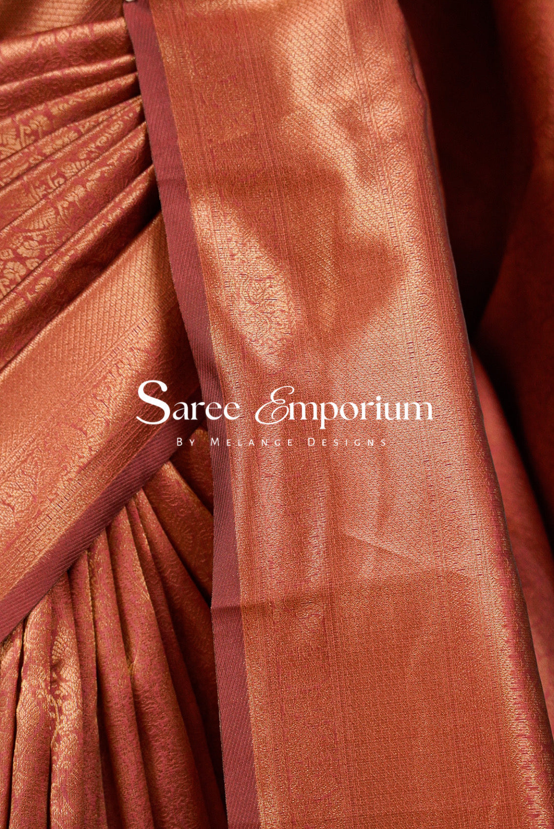 Semi Silk Brocade Saree For Women Copper Peach  Side View.