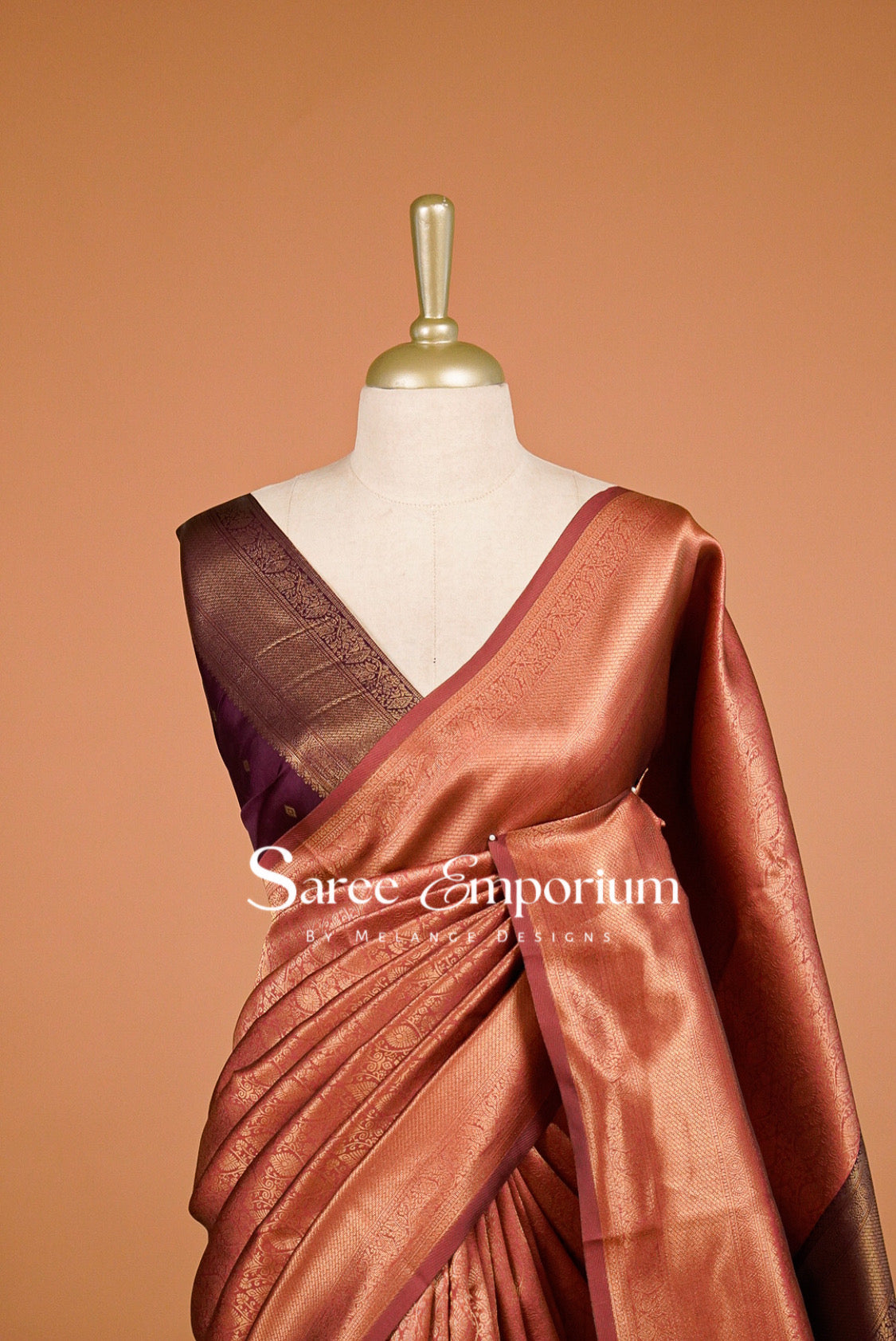 Semi Silk Brocade Saree For Women Copper Peach  Close Up.