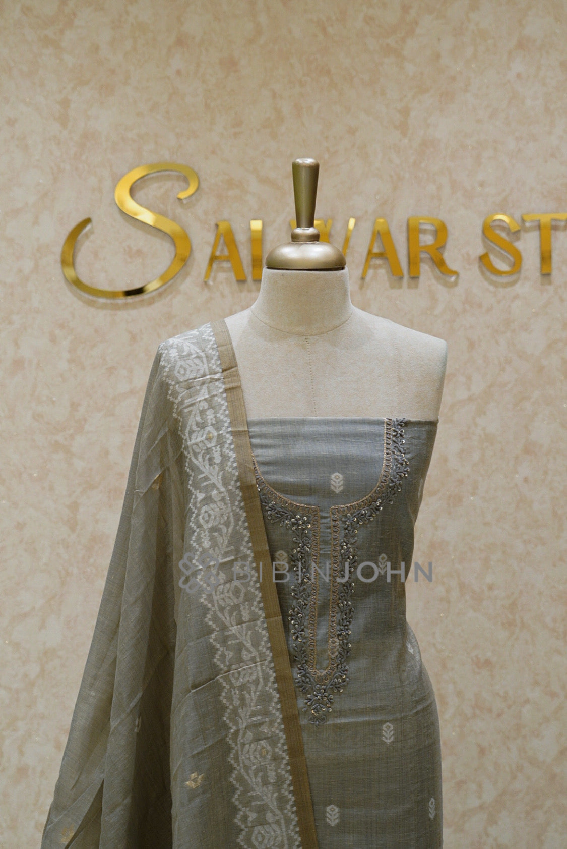Semi Silk Embroidery Unstitched Salwar Suit Material Stone Grey  CLOSE VIEW