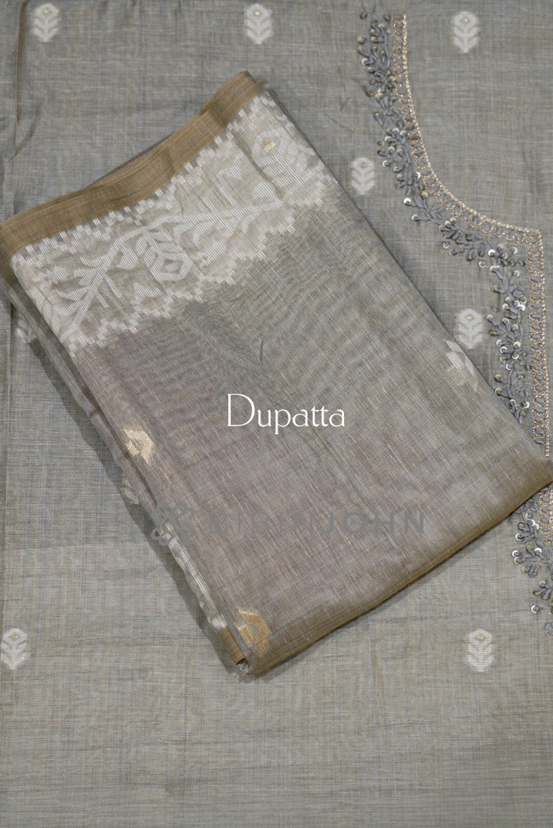 Semi Silk Embroidery Unstitched Salwar Suit Material Stone Grey  DUPATTA