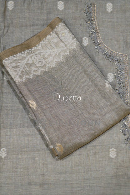 Semi Silk Embroidery Unstitched Salwar Suit Material Stone Grey  DUPATTA
