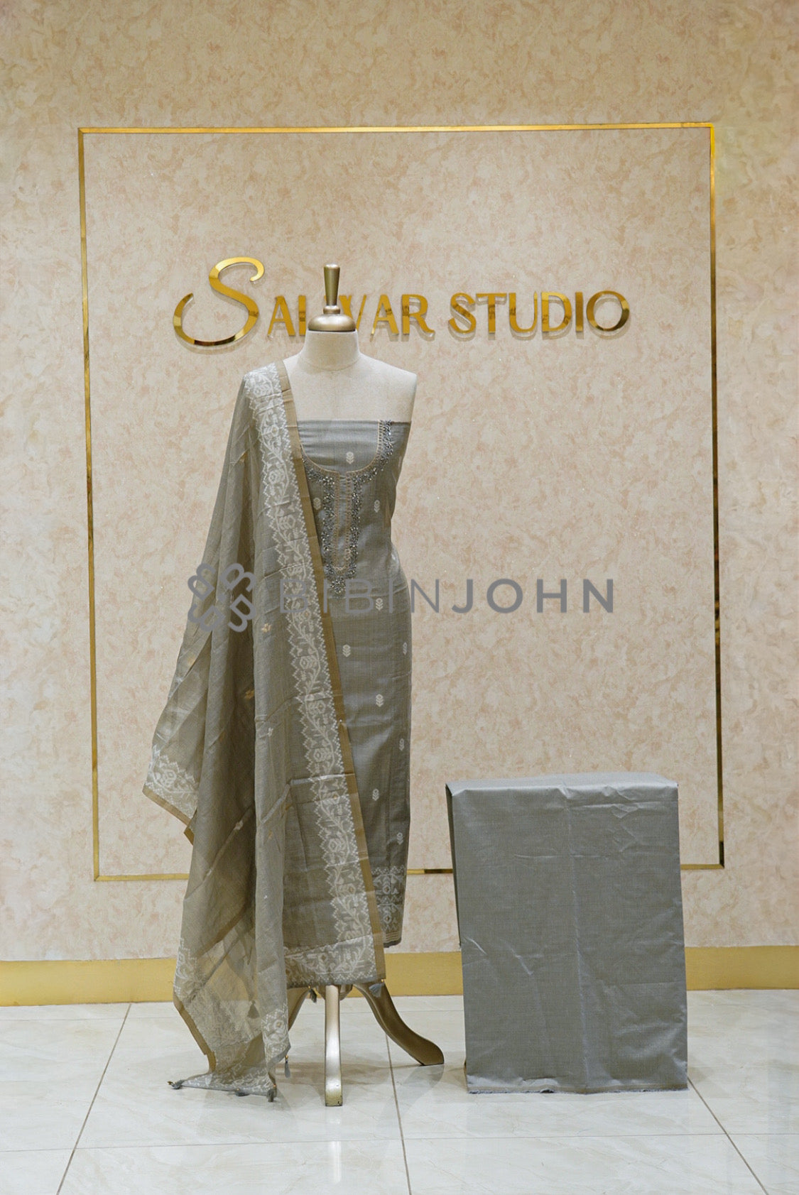 Semi Silk Embroidery Unstitched Salwar Suit Material Stone Grey  