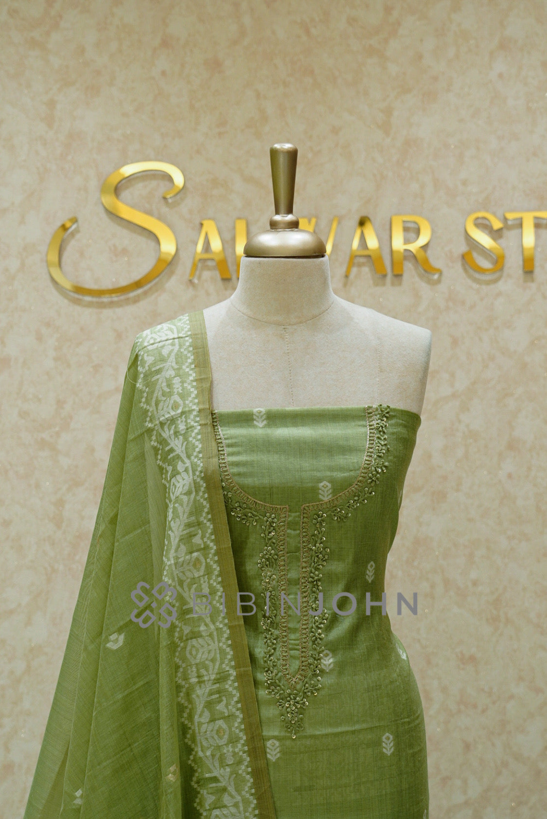 Semi Silk Embroidery Unstitched Salwar Suit Material Light Olive Green CLOSE VIEW