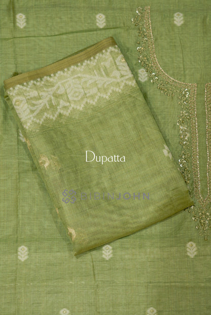 Semi Silk Embroidery Unstitched Salwar Suit Material Light Olive Green DUPATTA