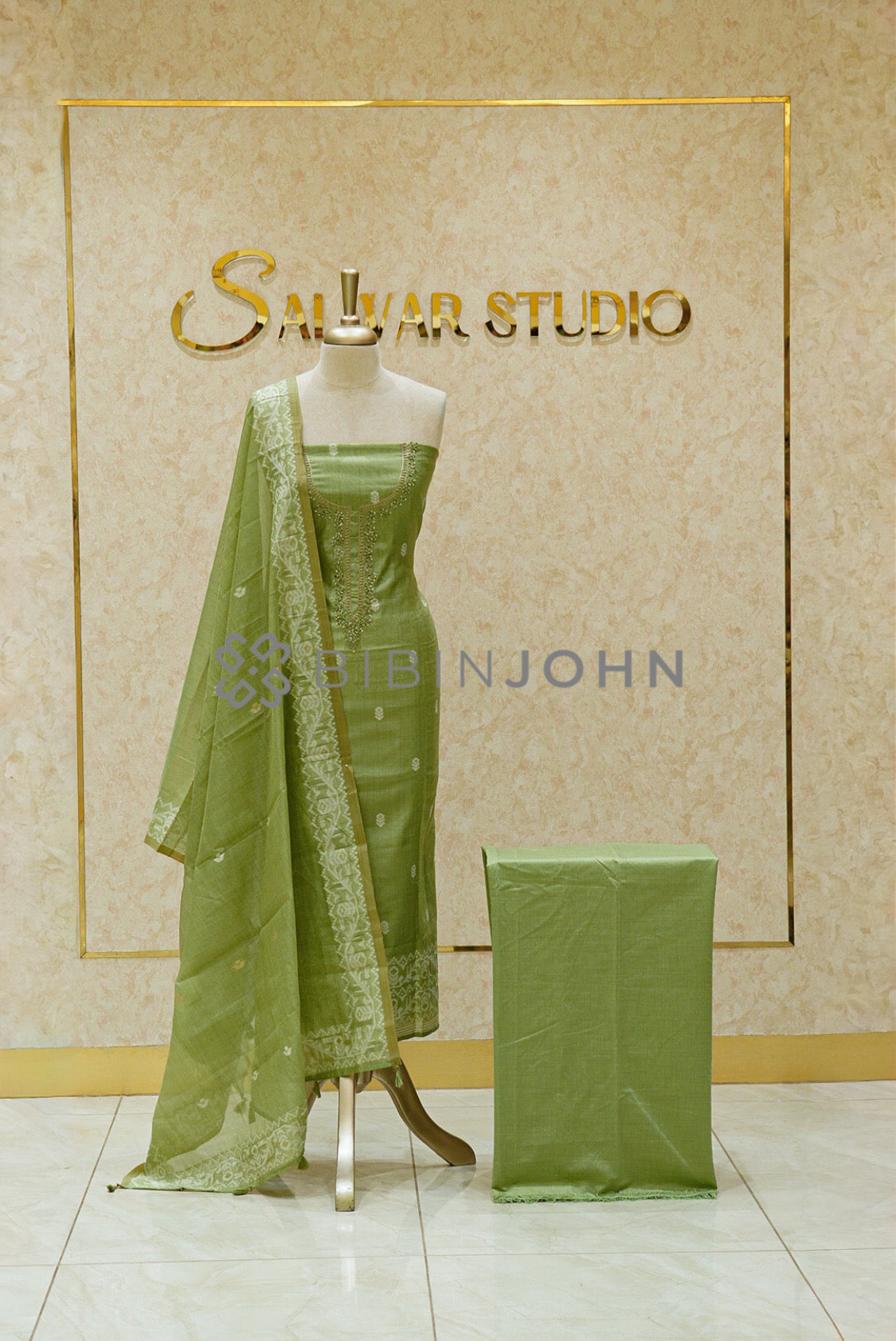 Semi Silk Embroidery Unstitched Salwar Suit Material Light Olive Green