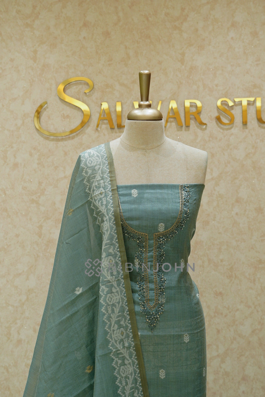 Semi Silk Embroidery Unstitched Salwar Suit Material Dusty Teal CLOSE VIEW