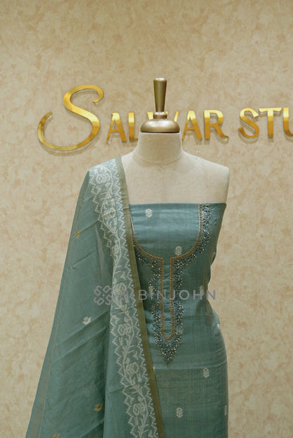 Semi Silk Embroidery Unstitched Salwar Suit Material Dusty Teal CLOSE VIEW