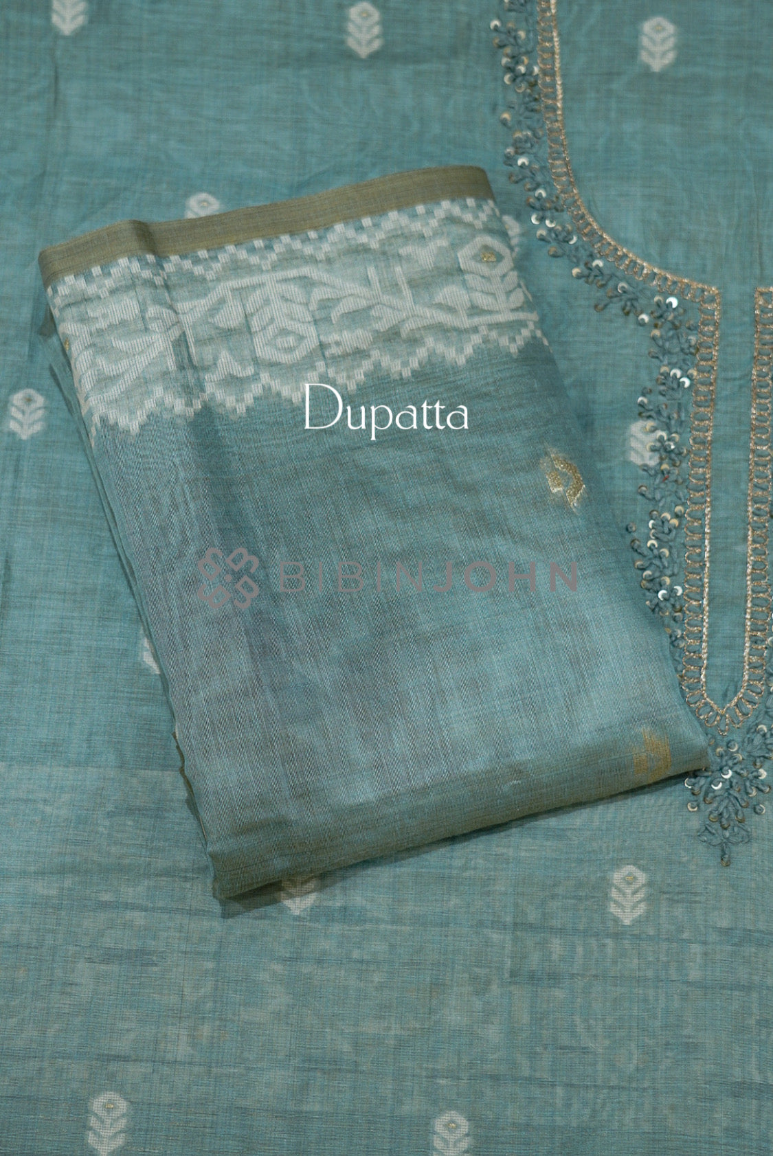 Semi Silk Embroidery Unstitched Salwar Suit Material Dusty Teal DUPATTA
