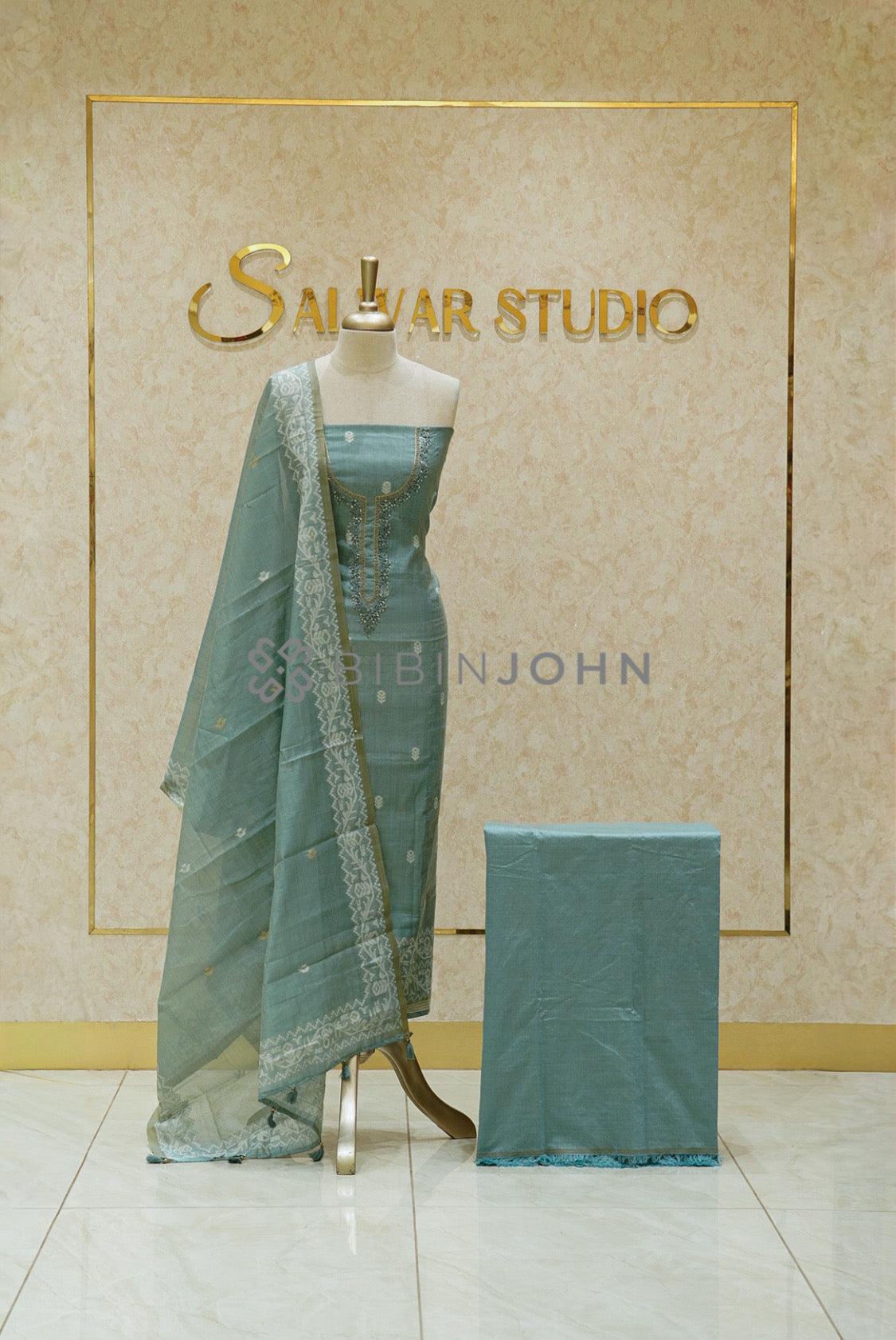 Semi Silk Embroidery Unstitched Salwar Suit Material Dusty Teal