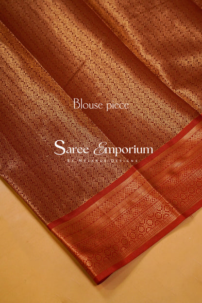 Semi Silk Brocade Saree For Women Olive Green with Rust Orange Blouse Piece.