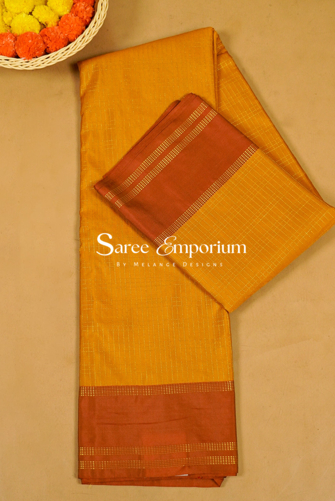 Semi Silk Saree For Women Turmeric Mustard Yellow Full View.