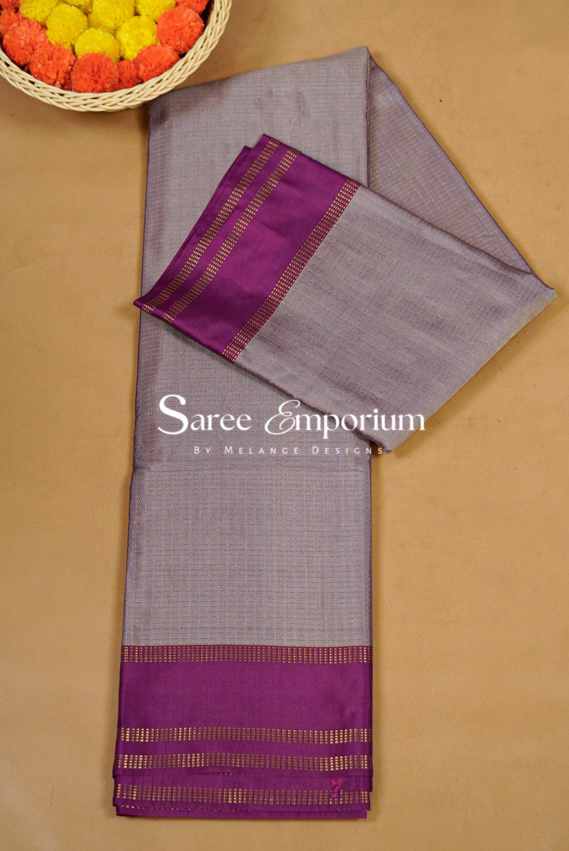 Semi Silk Saree For Women Lavender-Grey Full View.