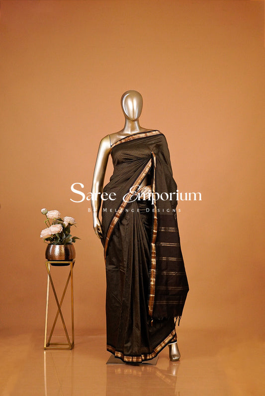 Semi Silk Saree For Women Black & Antique Gold