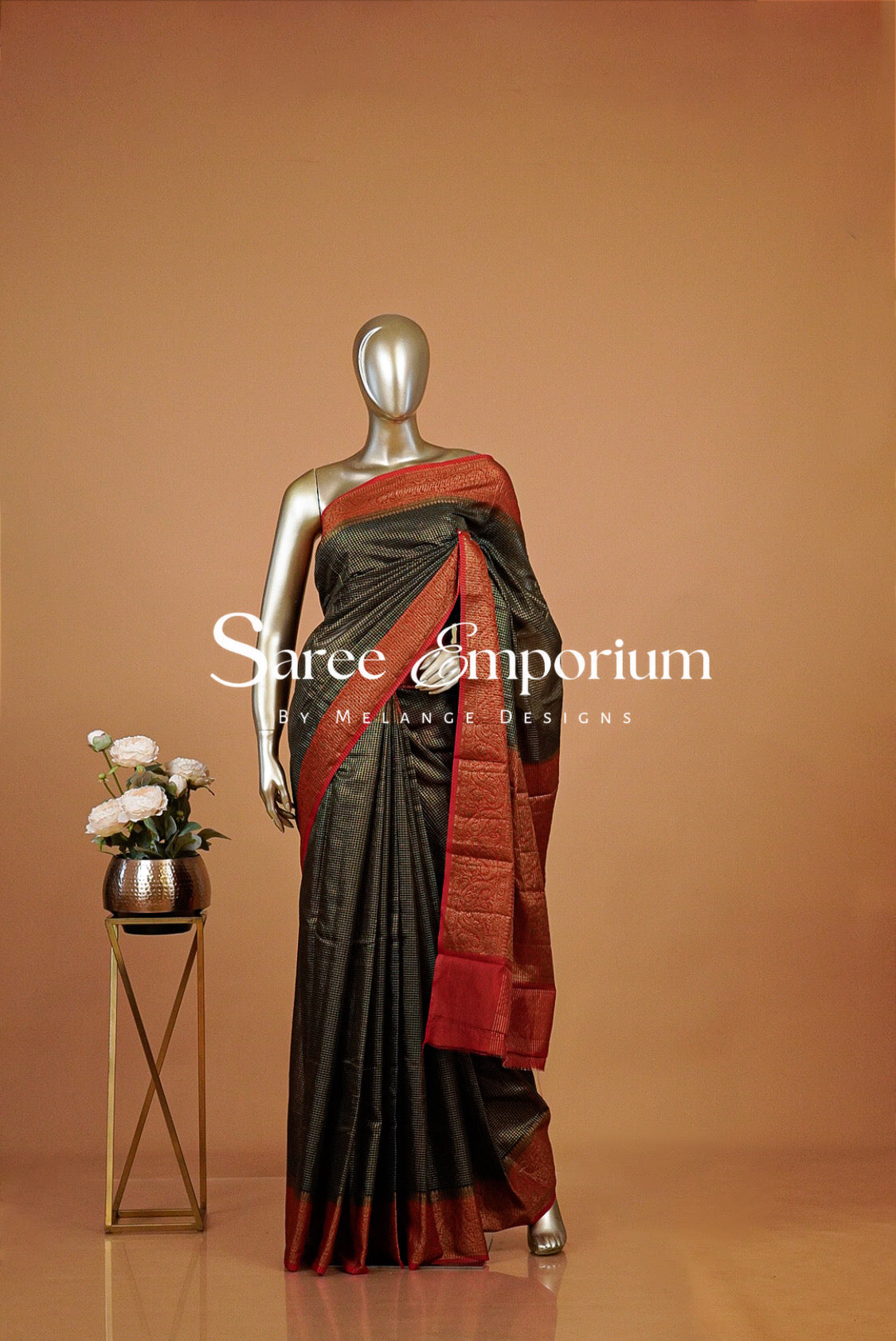 Semi Silk Saree For Women Black & Red with Antique Gold 