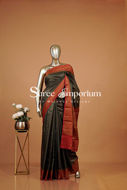 Semi Silk Saree For Women Black & Red with Antique Gold 