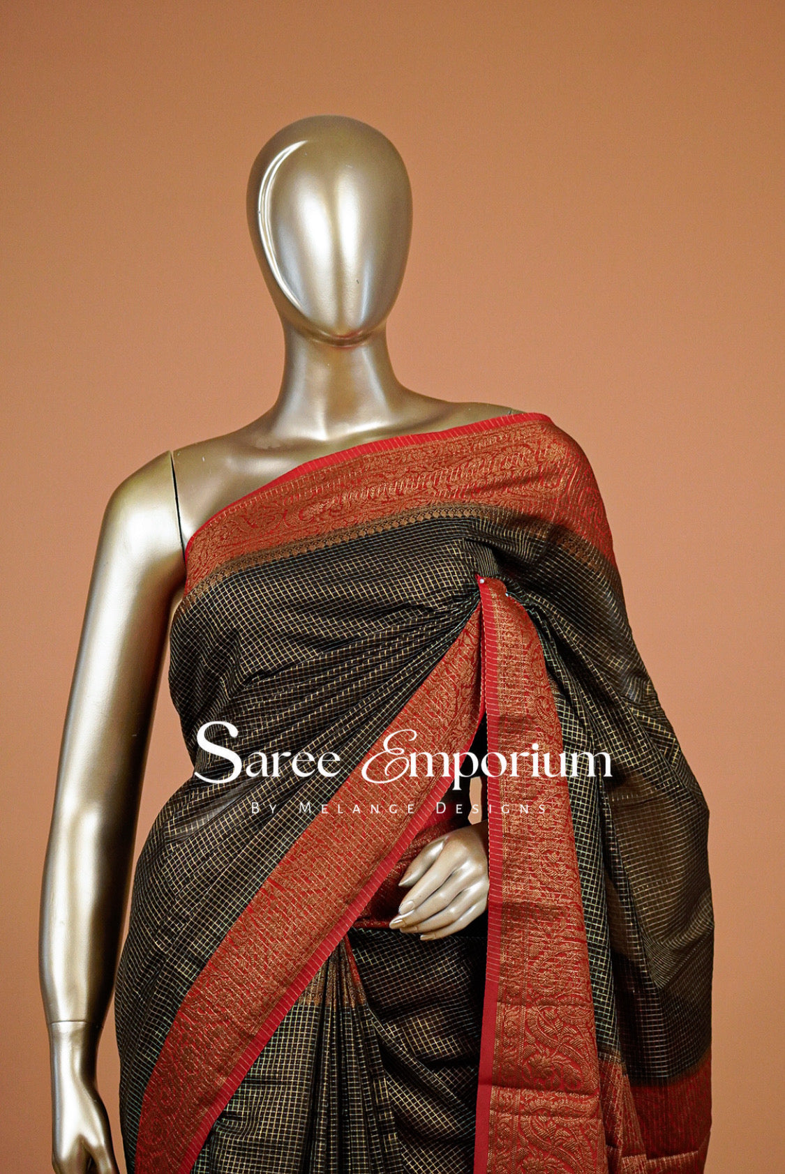 Semi Silk Saree For Women Black & Red with Antique Gold 