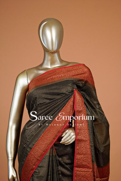 Semi Silk Saree For Women Black & Red with Antique Gold 
