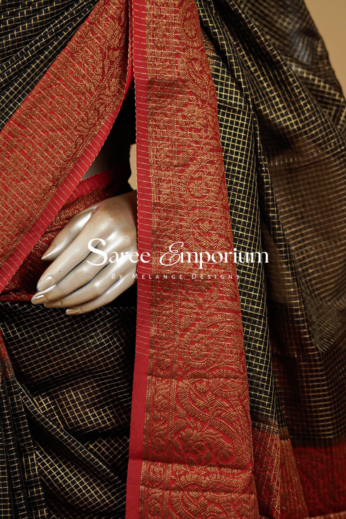 Semi Silk Saree For Women Black & Red with Antique Gold 
