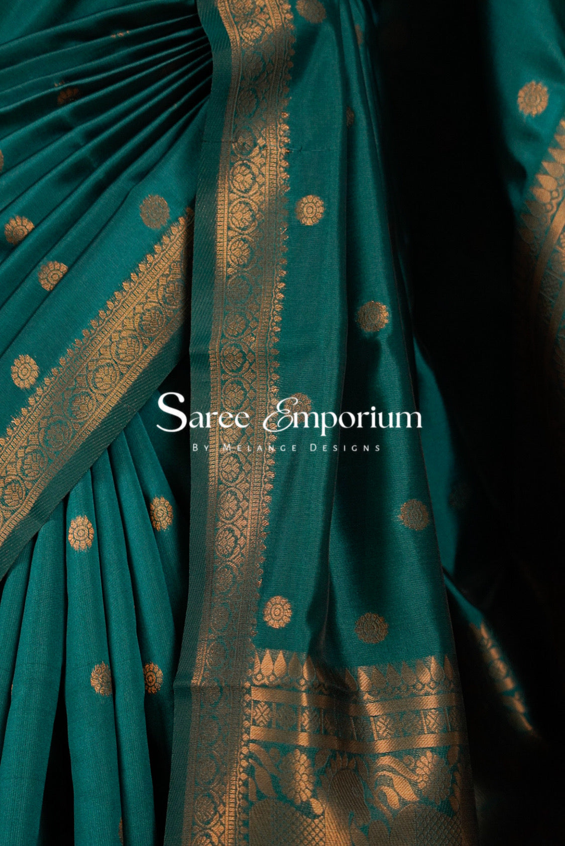Semi Silk Saree For Women Peacock Teal Green -Side View.