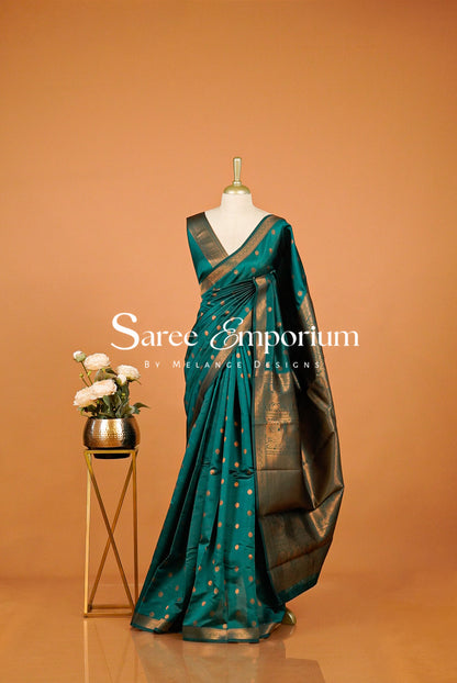 Semi Silk Saree For Women Peacock Teal Green