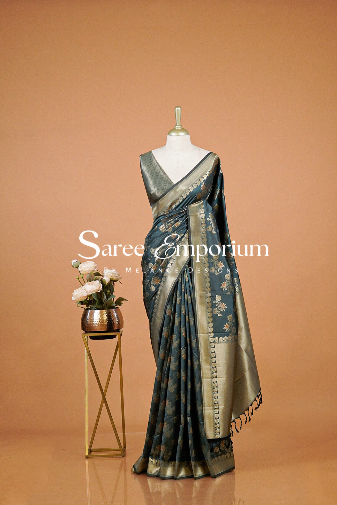 Semi Silk Saree For Women Charcoal Teal 