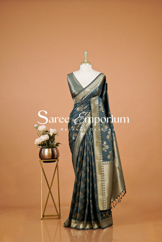 Semi Silk Saree For Women Charcoal Teal 