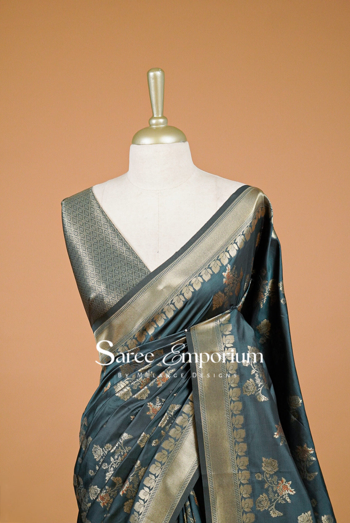 Semi Silk Saree For Women Charcoal Teal -Close Up.