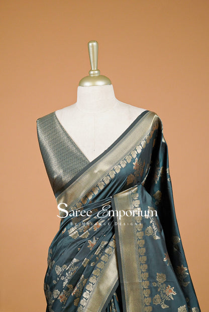 Semi Silk Saree For Women Charcoal Teal -Close Up.