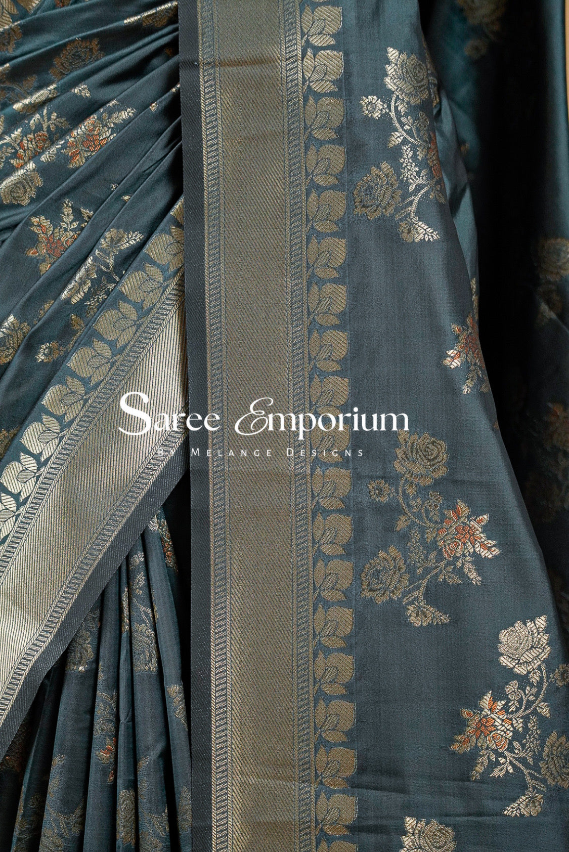 Semi Silk Saree For Women Charcoal Teal -Side View.