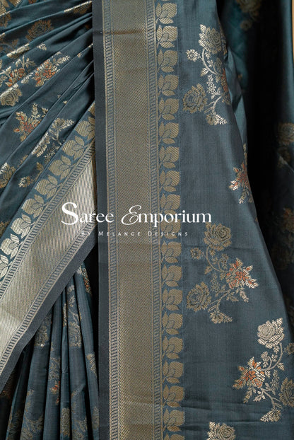 Semi Silk Saree For Women Charcoal Teal -Side View.