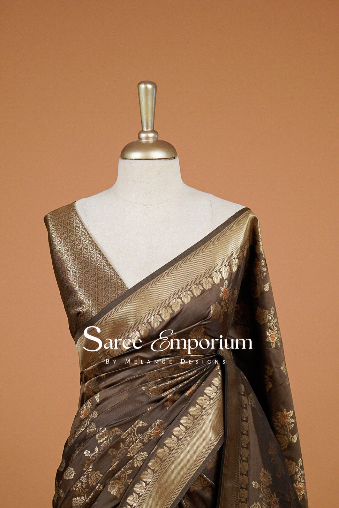 Semi Silk Saree For Women Chocolate Brown  Close Up.