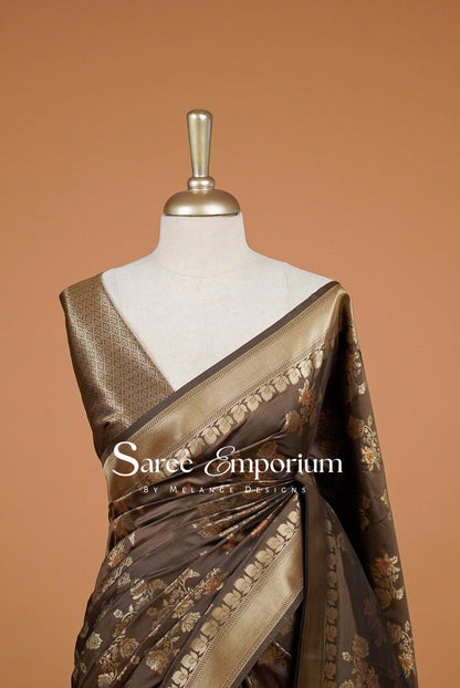 Semi Silk Saree For Women Chocolate Brown  Close Up.