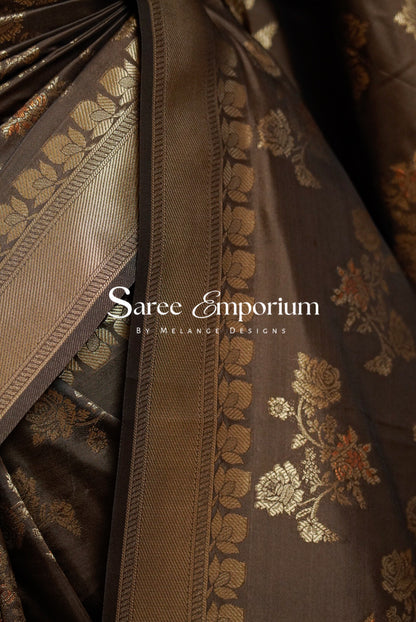 Semi Silk Saree For Women Chocolate Brown -Side View.